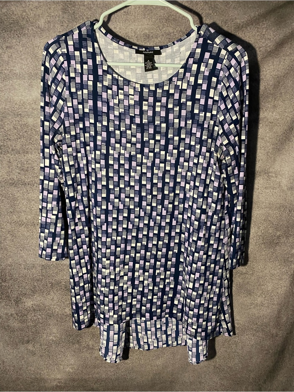 Alfani Tunic Top Womens Small Purple Geometric Grid Block